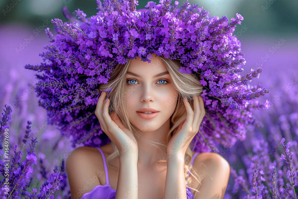 Close up portrait of beautiful young woman in lavender field. Close up portrait of beautiful young woman in lavender field.