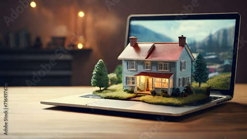 A delightful scene featuring a miniature house carefully placed on the open lid of a laptop computer - AI