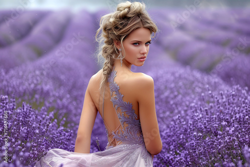 Close up portrait of beautiful young woman in lavender field.