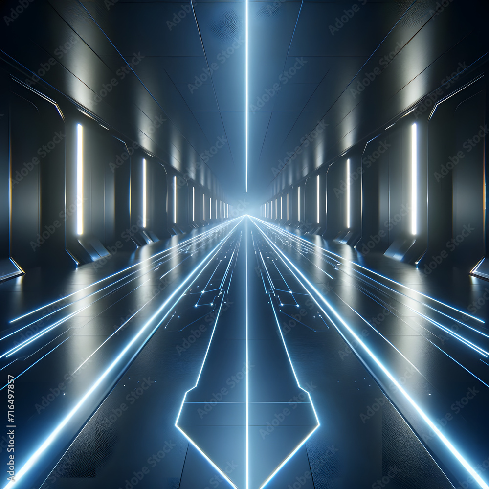 A futuristic corridor with blue light lines, symbolizing advanced technology, a journey through digital space, or sci-fi environments