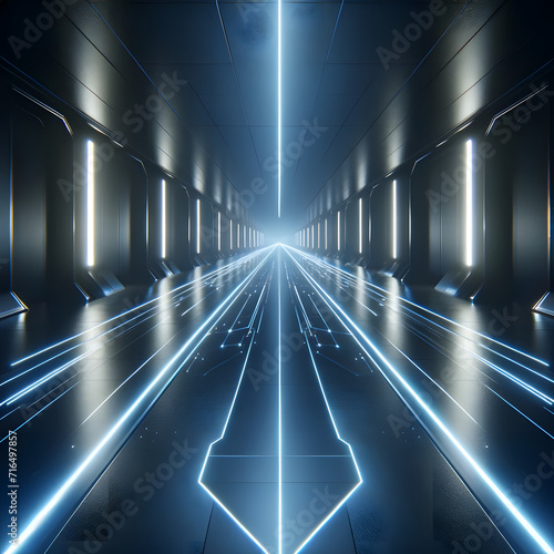 A futuristic corridor with blue light lines, symbolizing advanced technology, a journey through digital space, or sci-fi environments © Parminder