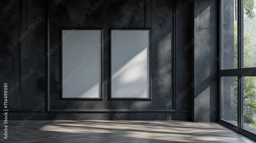 Interior with Mockup Frames on Dark Wall and Window View Interior with Mockup Frames on Dark Wall and Window View