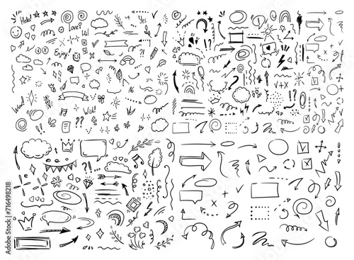 Simple sketch line style elements. Doodle cute ink pen line elements isolated on white background. Doodle arrow, heart, star, decoration symbol, icon set. Vector illustration.