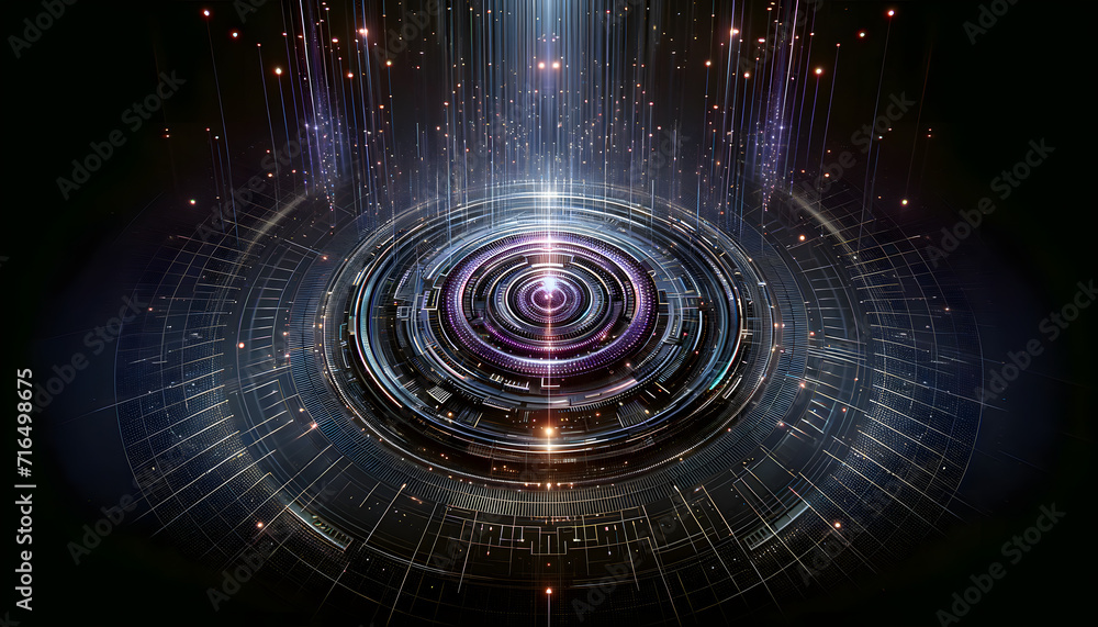 A circular digital portal with concentric circles, symbolizing a gateway, data vortex, or futuristic interface