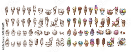 Big hand-drawn colored and monochrome sketch of ice cream or frozen yoghurt in cups and cones, milkshakes, ice cream on a stick, cupcakes, cookies. Vintage illustration. Set..