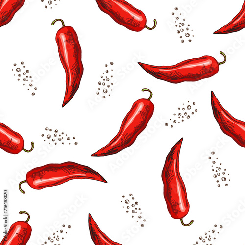 Hand-drawn vector seamless pattern of chili pepper and peppercorns. Vintage doodle illustration. Sketch for cafe menus and labels. The engraved image.