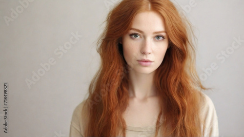 Portrait of young beautiful woman with beautiful healthy red long hair