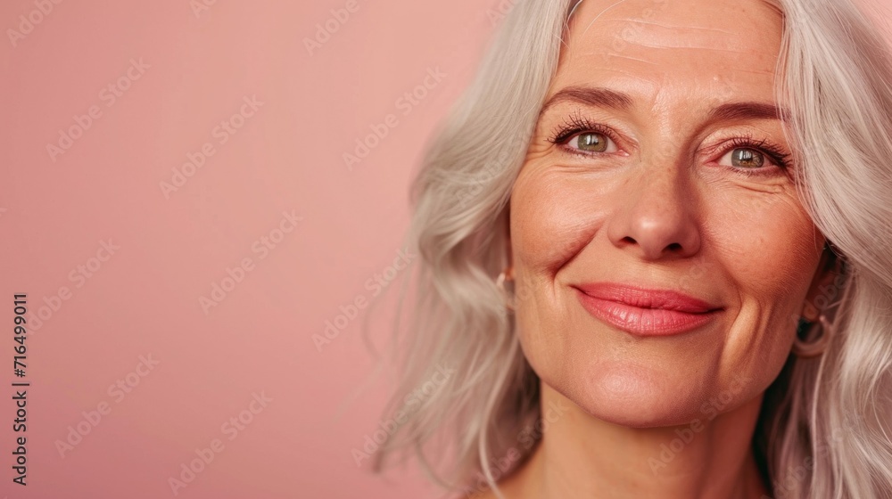 Expressive and refined senior model with wrinkles and grey hair.