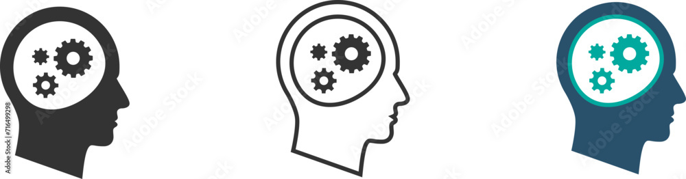 Head with gears icon. Idea, symbols of thinking, brainstorming, thinking brain, artificial intelligence, technology. High quality vector illustration. Head with gears icon. Idea, symbols of thinking, brainstorming, thinking brain, artificial intelligence, technology. High quality vector illustration.