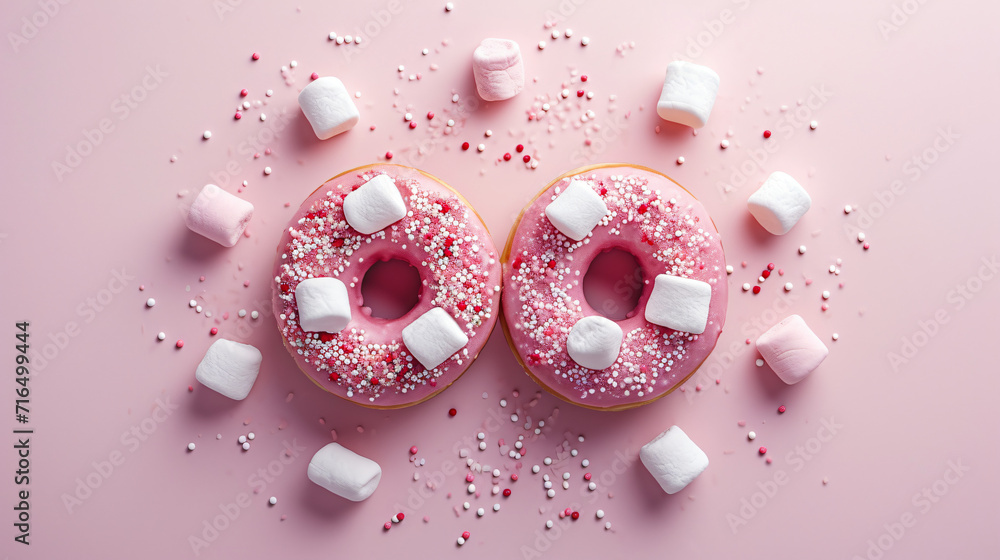 Pink donut with marshmallows and sprinkled.