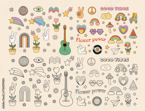 Funny cartoon peace, Love, rainbow, disco ball, sunglasses, mouth, guitar icon etc. Isolated vector illustration. Sticker pack in trendy retro cartoon style. Groovy 70s colored and black set.