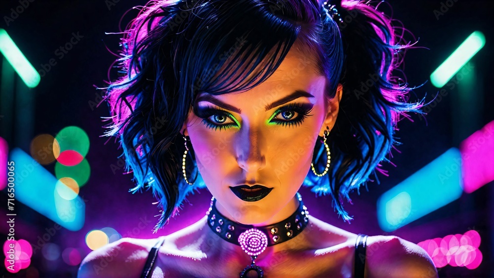 Fototapeta premium A beautiful cyberpunk girl stands against the backdrop of the night city of the future. Cyberpunk concept.