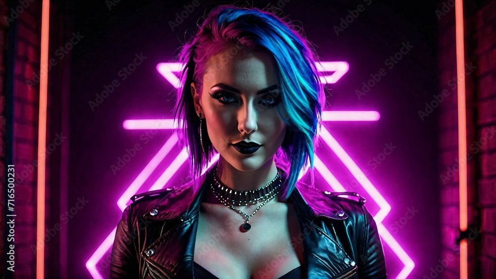 A beautiful cyberpunk girl stands against the backdrop of the night city of the future. Cyberpunk concept. A beautiful cyberpunk girl stands against the backdrop of the night city of the future. Cyberpunk concept.