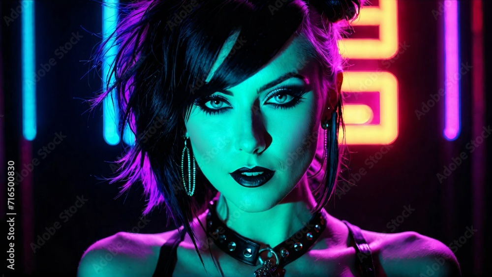 A beautiful cyberpunk girl stands against the backdrop of the night city of the future. Cyberpunk concept. A beautiful cyberpunk girl stands against the backdrop of the night city of the future. Cyberpunk concept.