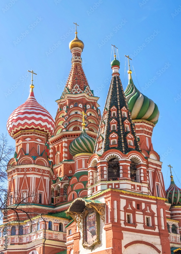 Bright elegant domes of St. Basil's Cathedral (Pokrovsky Cathedral) in Moscow