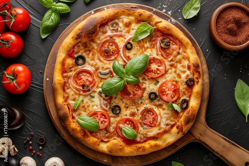 pizza sliced on wooden dish. Delicious Italian pizza