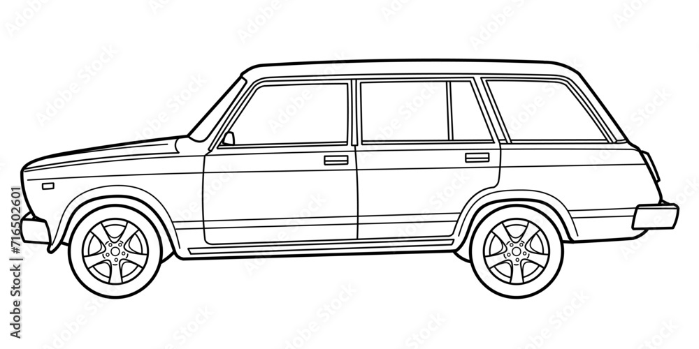 Classic city class car of 90s. Station wagon. 5 door car on white background. Side view shot. Outline doodle vector illustration