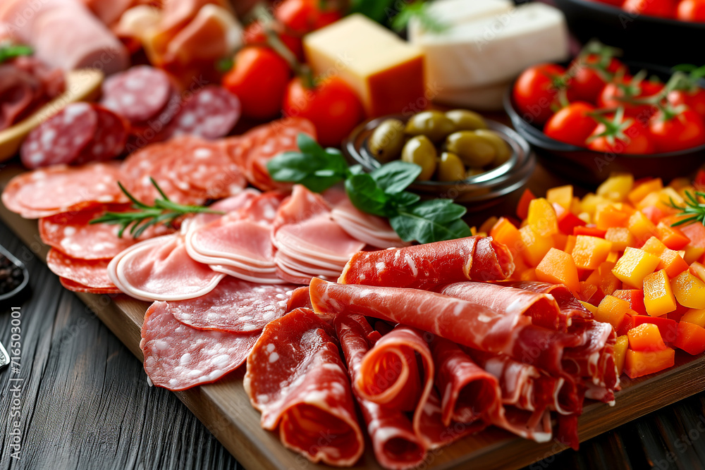 Assortment of processed cold meat products. On a wooden background.