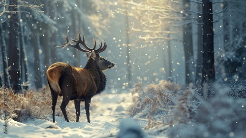 A forest deer on the background of a winter forest landscape. Created with Generative Ai technology. © Viktor
