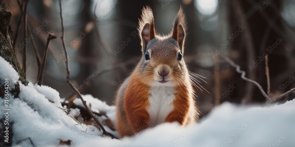 Cute Red Wild Squirrel In Winter Forest Cute Red Wild Squirrel In Winter Forest