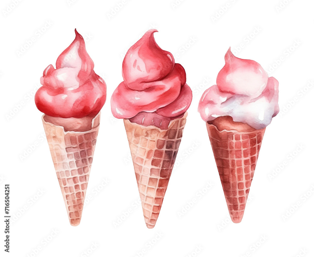 watercolor illustration of fruit ice cream with a strawberry flavor on white background , generative AI