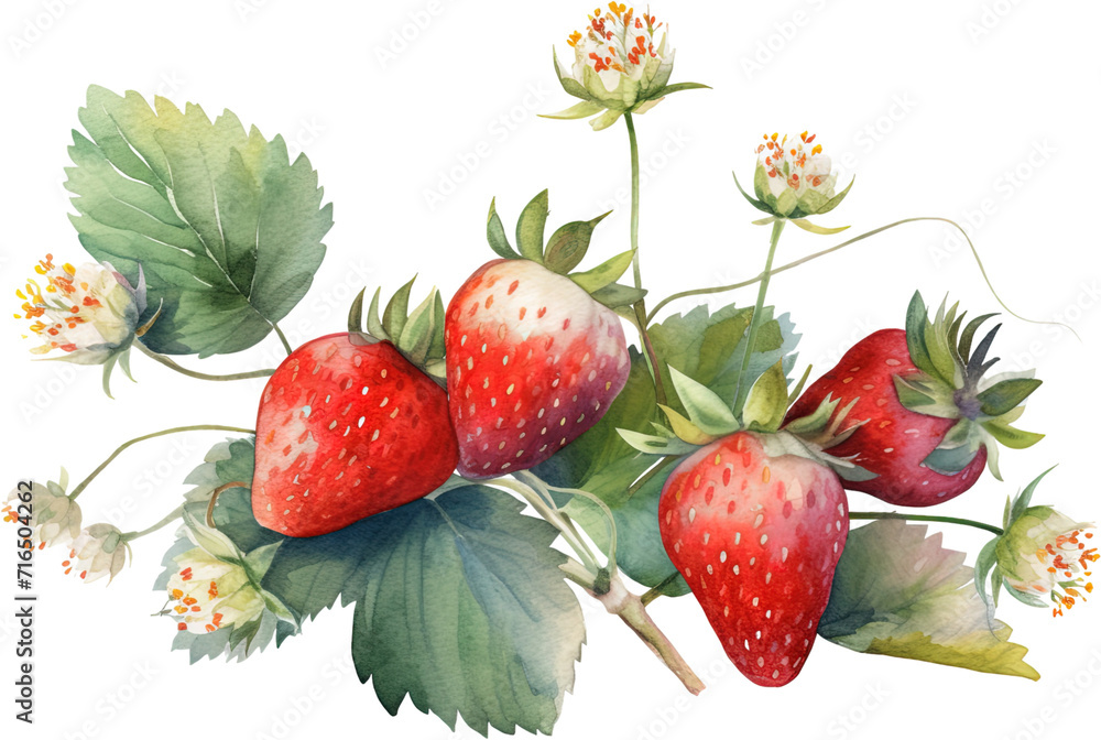 watercolor painting of fresh big strawberry berries with leaves and flowers on white background , generative AI watercolor painting of fresh big strawberry berries with leaves and flowers on white background , generative AI