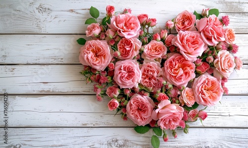 Pink Rose Heart Floral Arrangement on White Wood background,symbolizing love and tenderness,top-view, background banner, wedding, valentine   © Yuparet