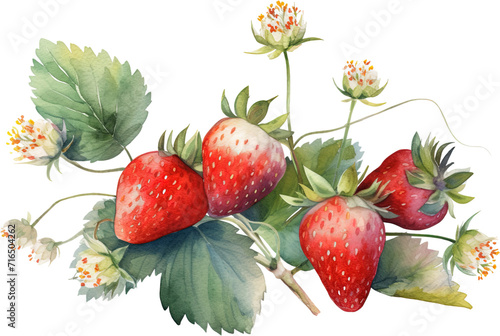 watercolor painting of fresh big strawberry berries with leaves and flowers on white background , generative AI
