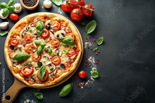 pizza sliced on wooden dish. Delicious Italian pizza