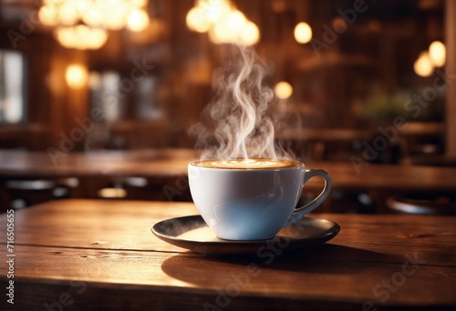 cups of coffee on a wooden table on a blurred background of a coffee shop, space for text, banner