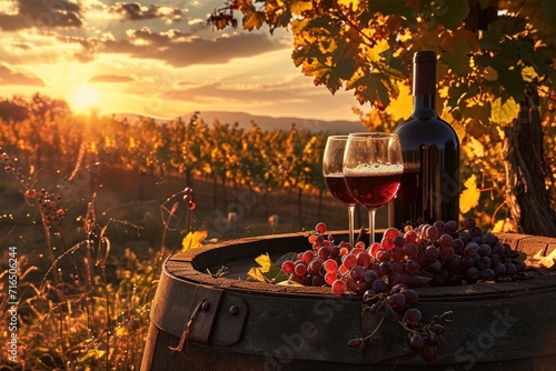 A romantic winery scene at sunset with grapes and a wine bottle on a barrel in a rustic setting.