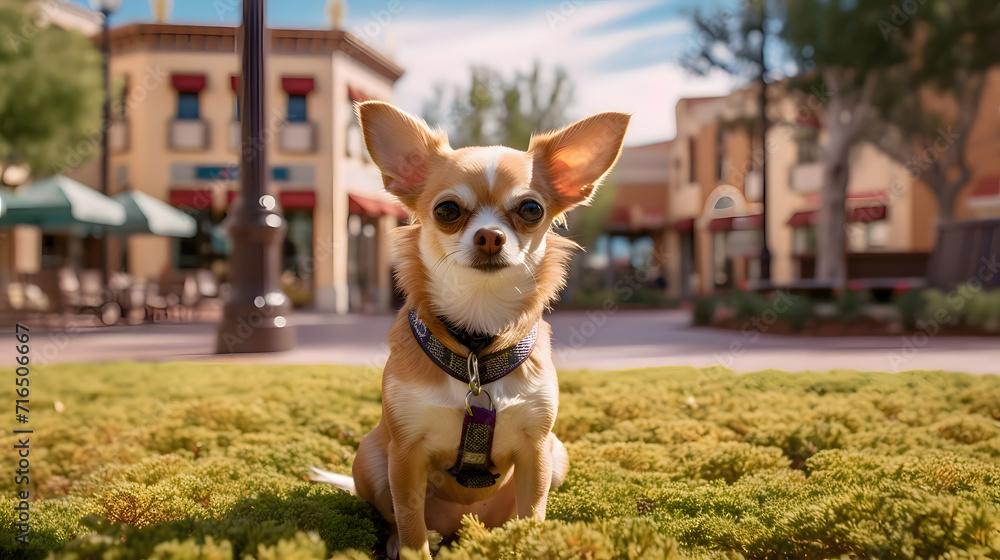 Cute Chihuahua on walkway outdoors. Dog walking
