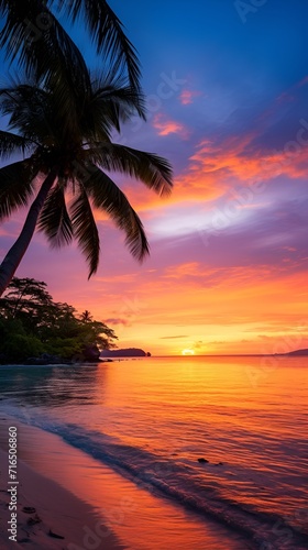 Serene tropical beach at sunset in summer , Serene tropical beach, sunset, summer
