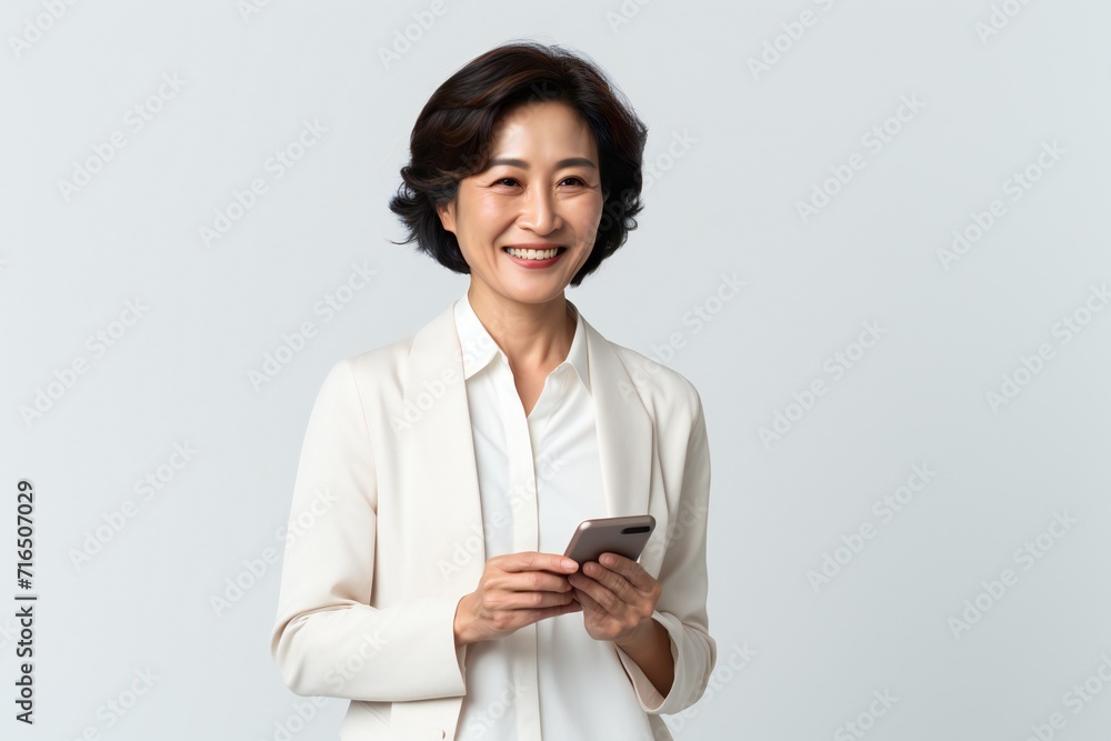 Smiling mature asian woman with a smartphone isolated on a white background Smiling mature asian woman with a smartphone isolated on a white background