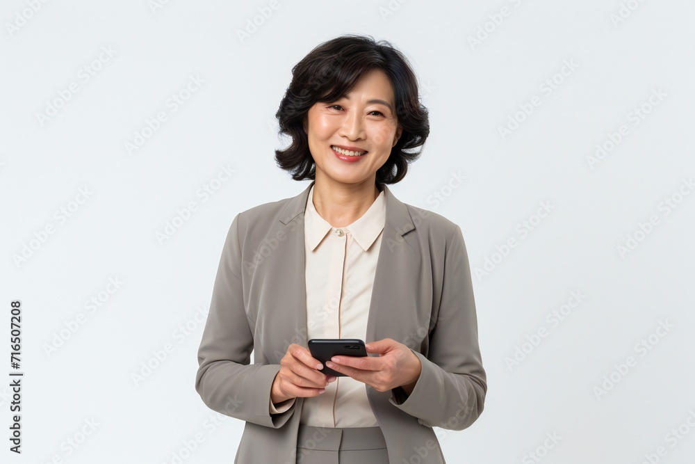 Smiling mature asian woman with a smartphone isolated on a white background Smiling mature asian woman with a smartphone isolated on a white background