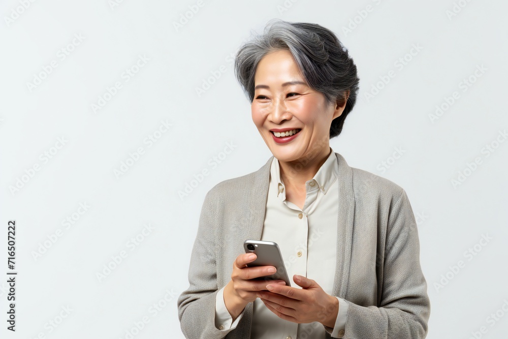 Smiling mature asian woman with a smartphone isolated on a white background Smiling mature asian woman with a smartphone isolated on a white background