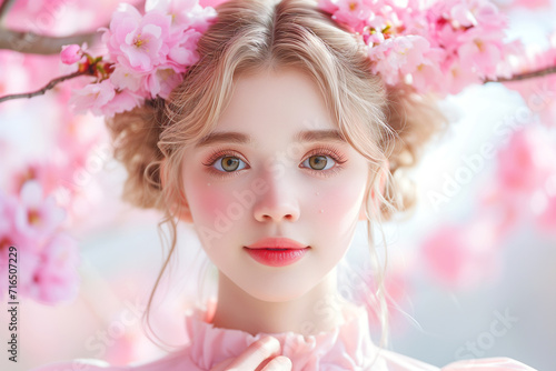 Portrait of Beautiful blonde woman near blooming pink sakura © Bonya Sharp Claw