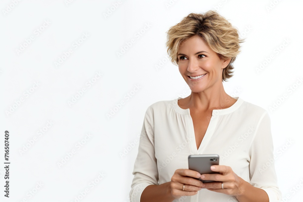 Smiling mature woman with a smartphone isolated on a white background Smiling mature woman with a smartphone isolated on a white background