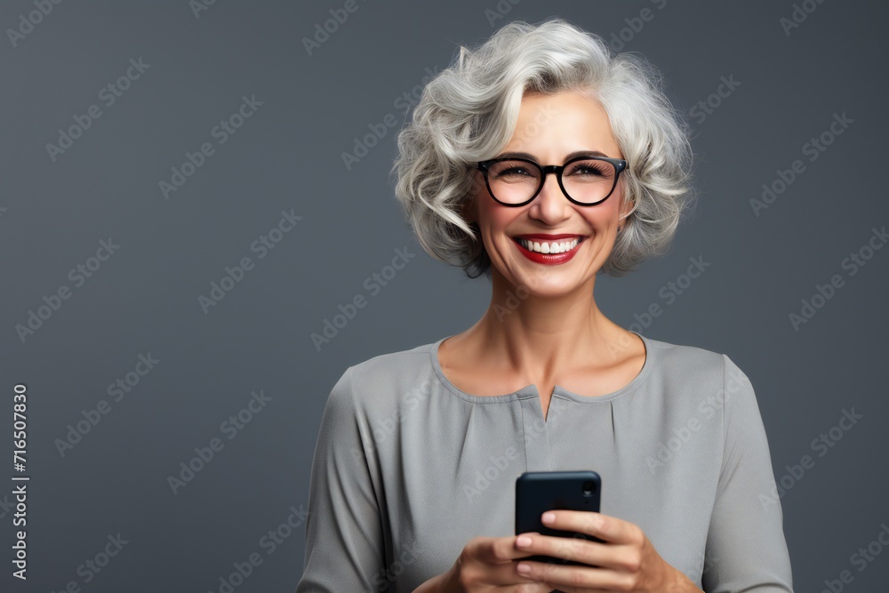 Smiling mature american woman with a smartphone isolated on a grey background Smiling mature american woman with a smartphone isolated on a grey background