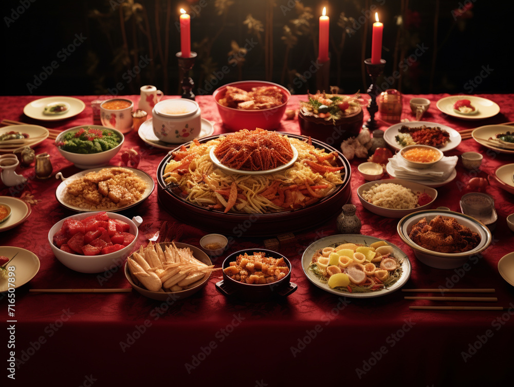 an image of a family reunion dinner table adorned with traditional dishes, set against a backdrop of red and gold decorations. Generative AI.