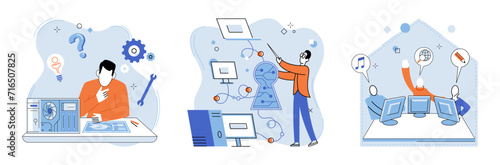 Computer troubleshooting. Vector illustration. Working with computers requires regular maintenance and troubleshooting Engineering plays vital role in technology and technological advancements