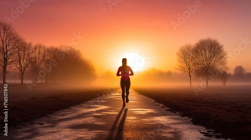 A woman jogging in the morning mist, her silhouette glowing in the sunrise, 