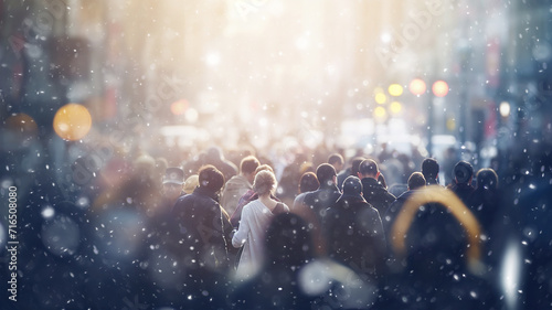 winter in the city, snowfall weather, people on the street in light snowflakes falling merry christmas mood abstract background of the city crowd at Christmas photo