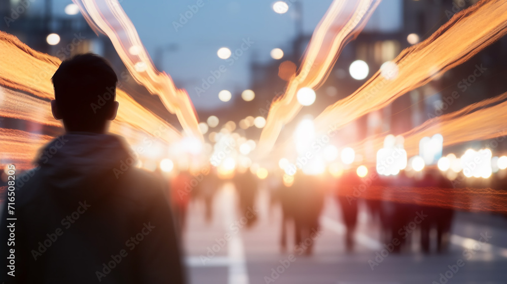 traffic in the city, the silhouette of a man against the background of blurred traffic tracks, headlights, night urban life,  motion blur abstract background