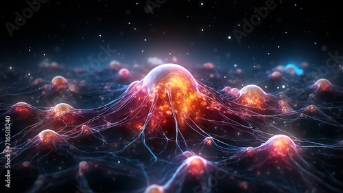 neurons under strong magnification, neural network live impulses transmitted through nerves, abstract fictional background computer graphics, structure of a living brain cell photo