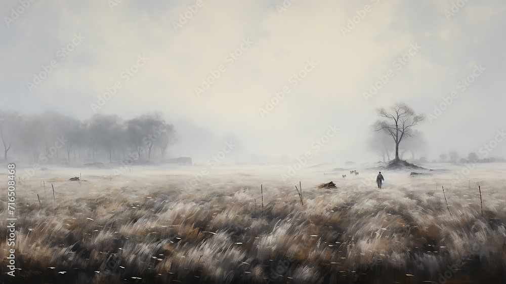 landscape fog in the autumn field, morning light landscape fog in the autumn field, morning light