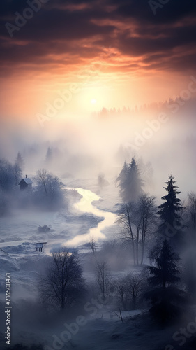 vertical view incredible landscape winter sunrise in nature, the silence of the changing season, calendar December frosty morning covered with snow and frost