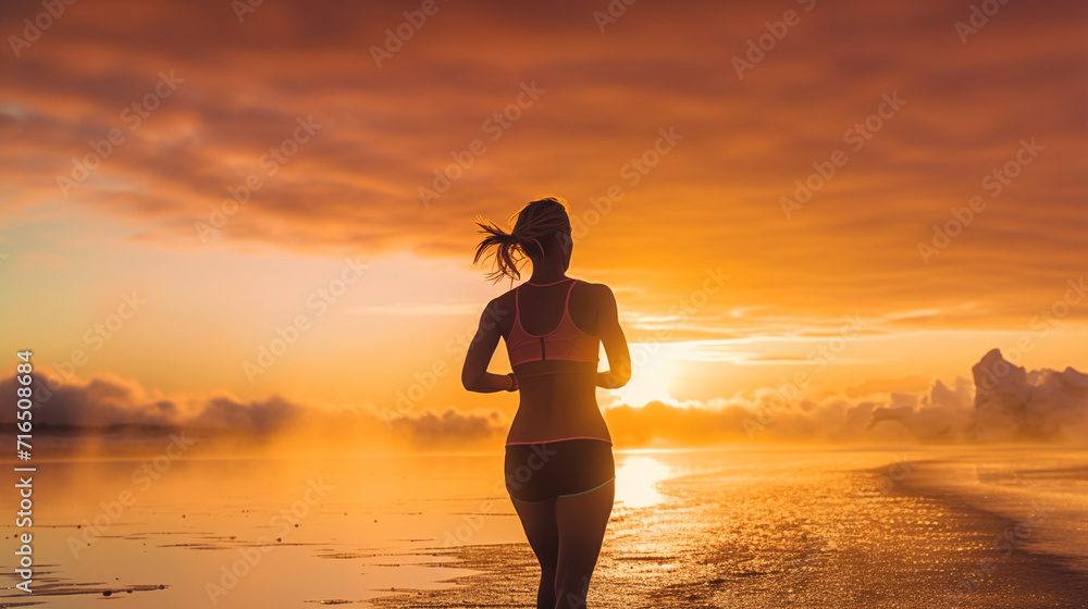 
A captivating shot capturing the beauty of an adult woman running at sunrise. The image showcases the silhouette of the runner against the warm hues of the morning sky,