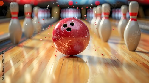 a bowling ball crashing into the pins of a bowling alley with pins in the background and a bowling pin in the foreground
