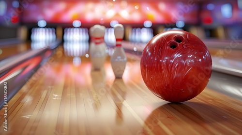 bowling ball and pins on the table, a bowling ball crashing into the pins of a bowling alley with pins in the background and a bowling pin in the foreground